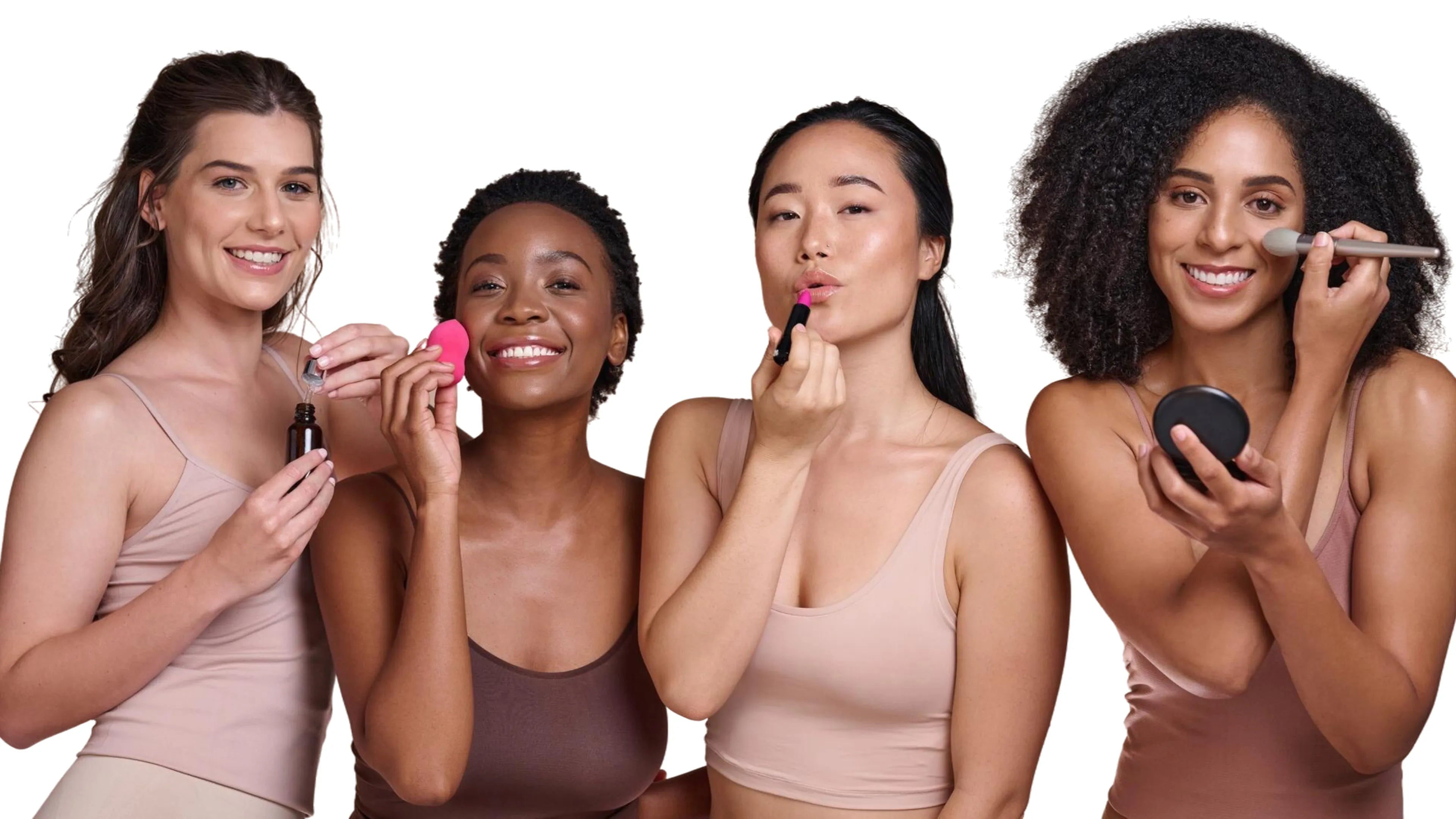 Four women applying makeup with various products on a white background