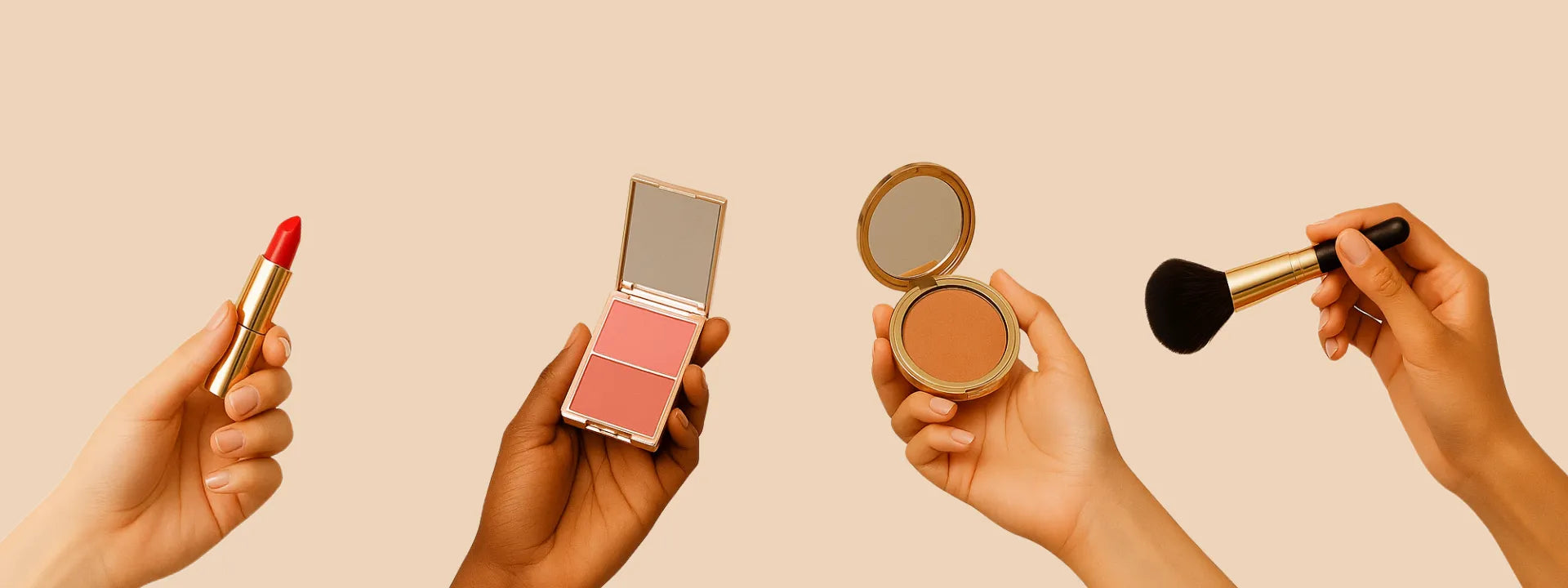 Hands holding makeup products including a lipstick, blush, compact powder, and brush on a beige background